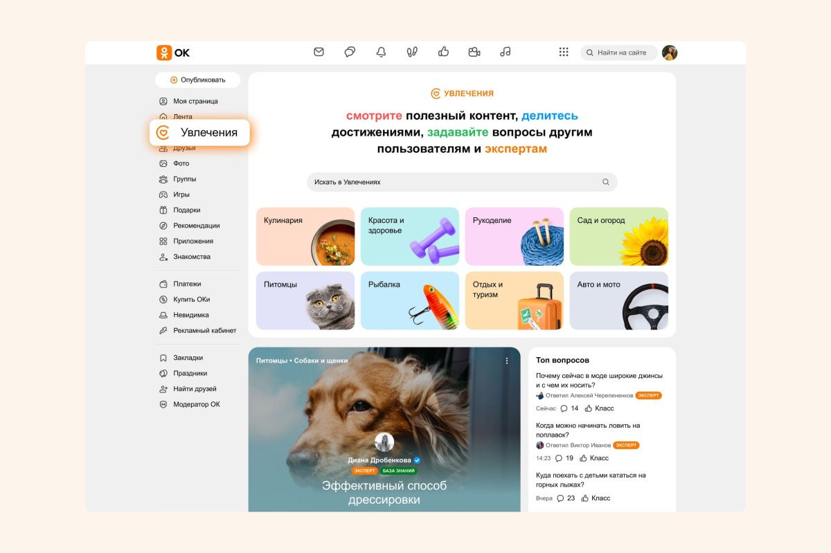 Одноклассники обновили «Увлечения»: Общение по интересам, вопросы  профессионалам и экспертные материалы