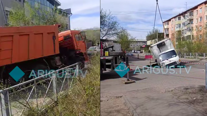 Сразу два грузовых автомобиля провалились под асфальт в Улан-Удэ 